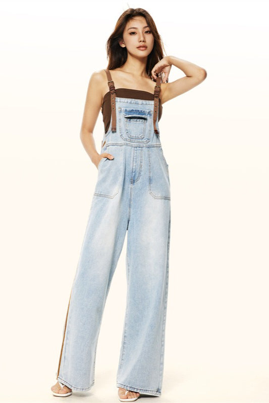 Washed Wide Leg Suspender Jeans