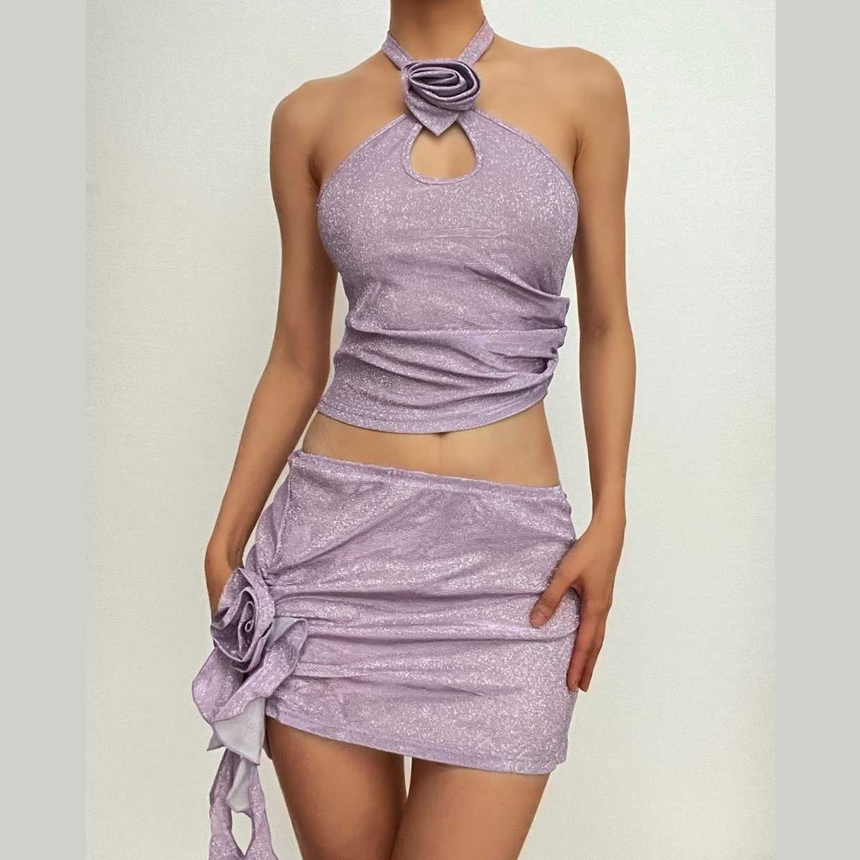 Solid halter flower applique hollow out textured mini skirt set
