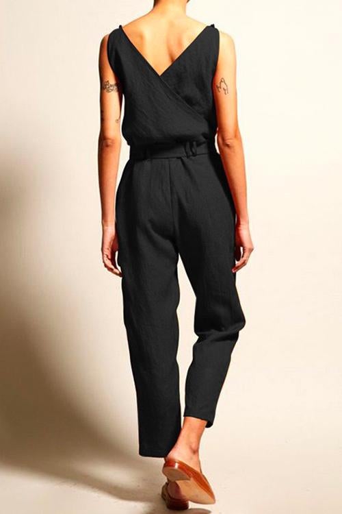 Casual V Neck Sleeveless Wrapped Jumpsuit
