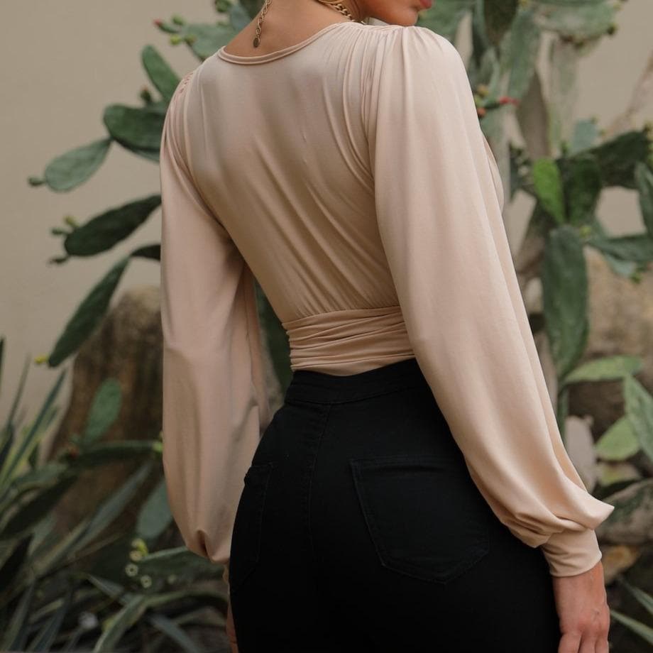 Halibuy Double layered deep v neck ruched solid bodysuit - Final Sale