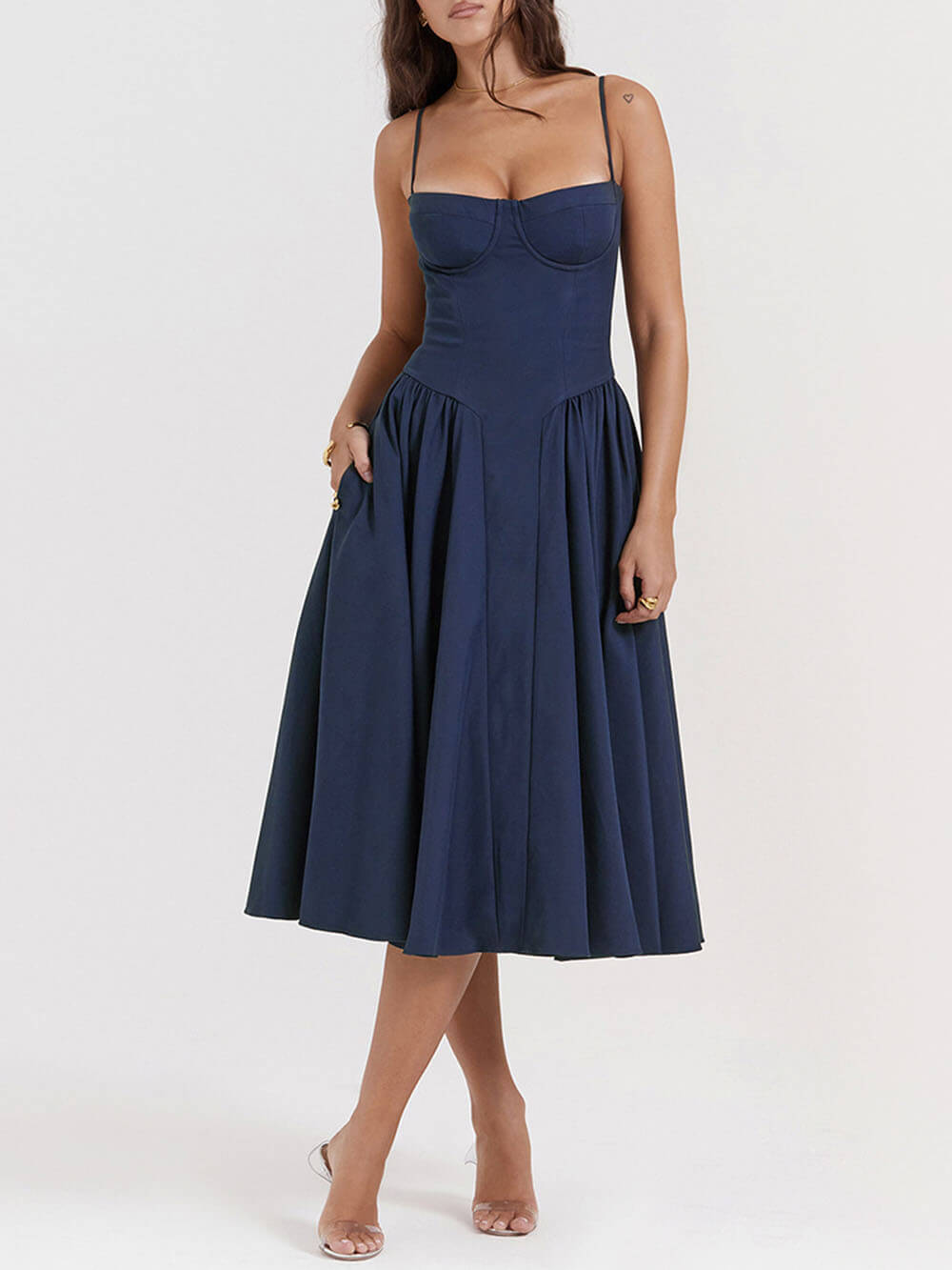 Midnight-Elegance Strapless Midi Dress