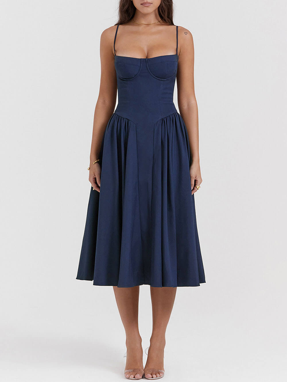 Midnight-Elegance Strapless Midi Dress