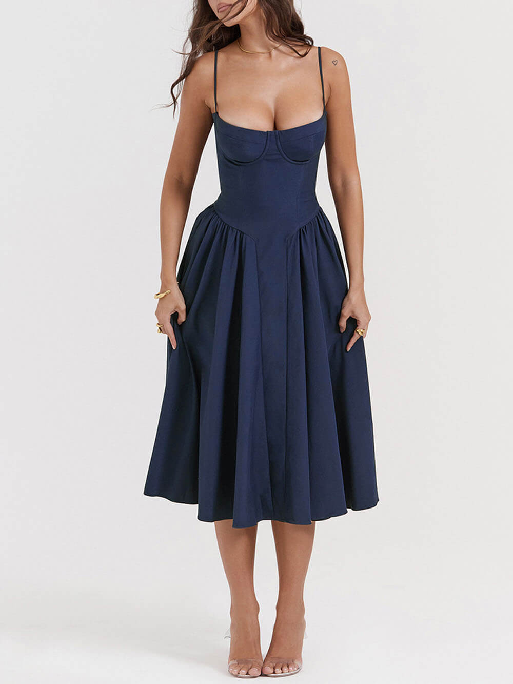 Midnight-Elegance Strapless Midi Dress