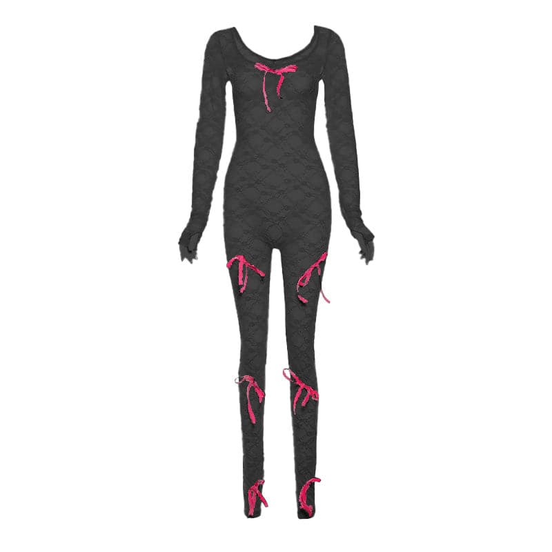 Long sleeve bowknot u neck lace see through jumpsuit-final-sale