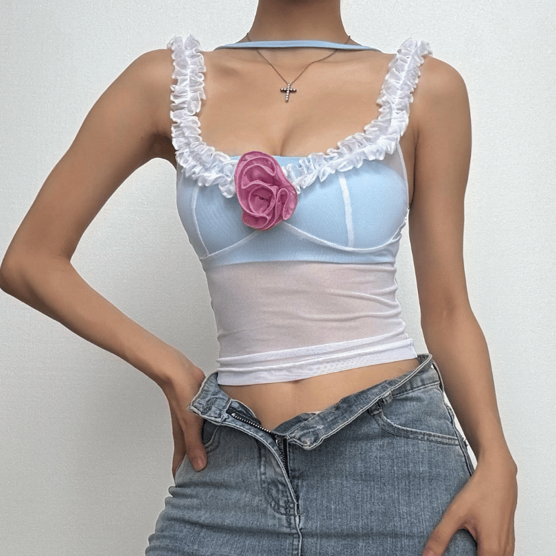 Flower applique mesh see through cami top