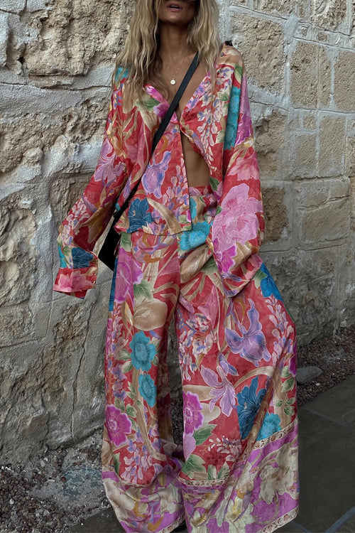 Long Sleeves Button Up Shirt and Wide Leg Pants Floral Print Set