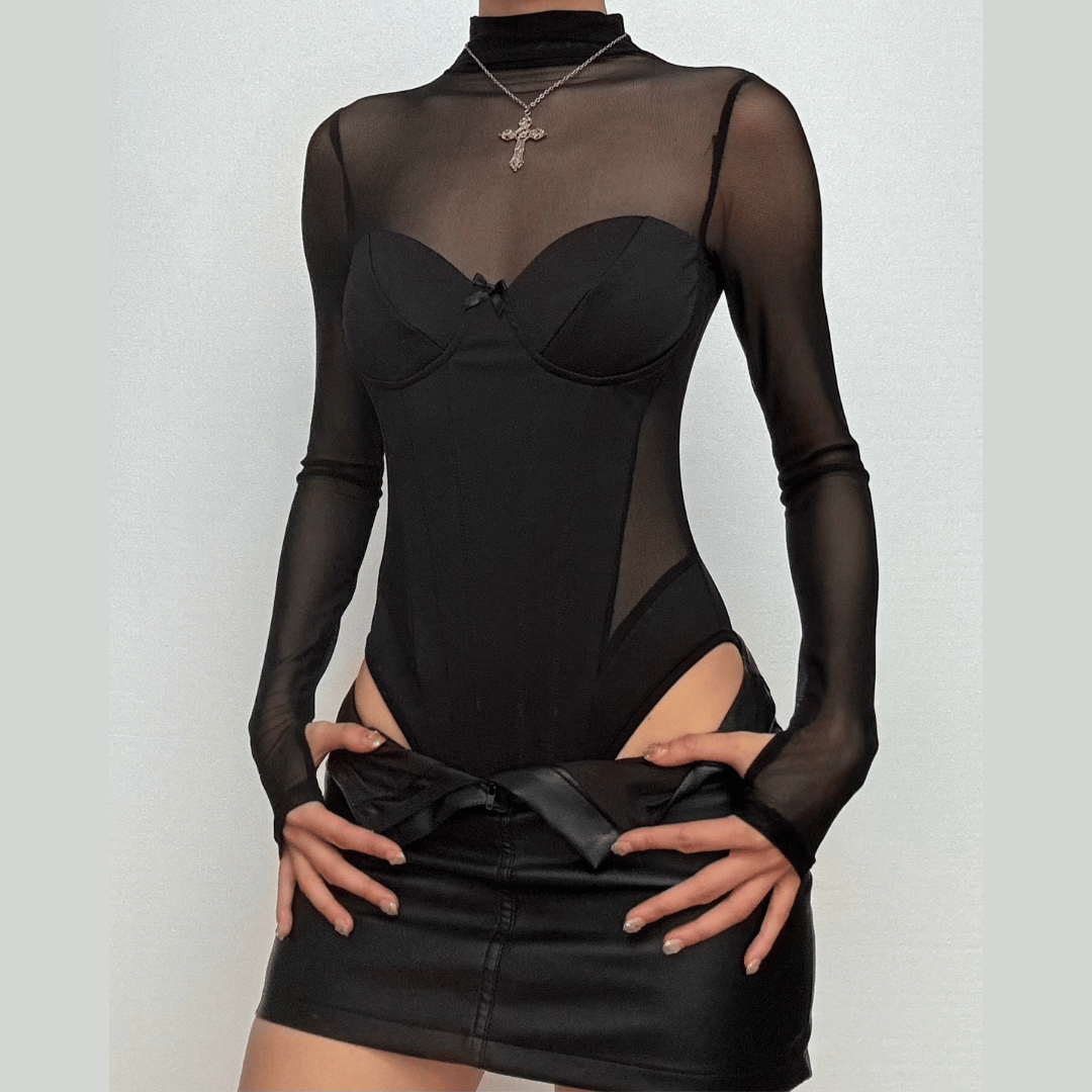 High neck long sleeve mesh bustier bowknot bodysuit