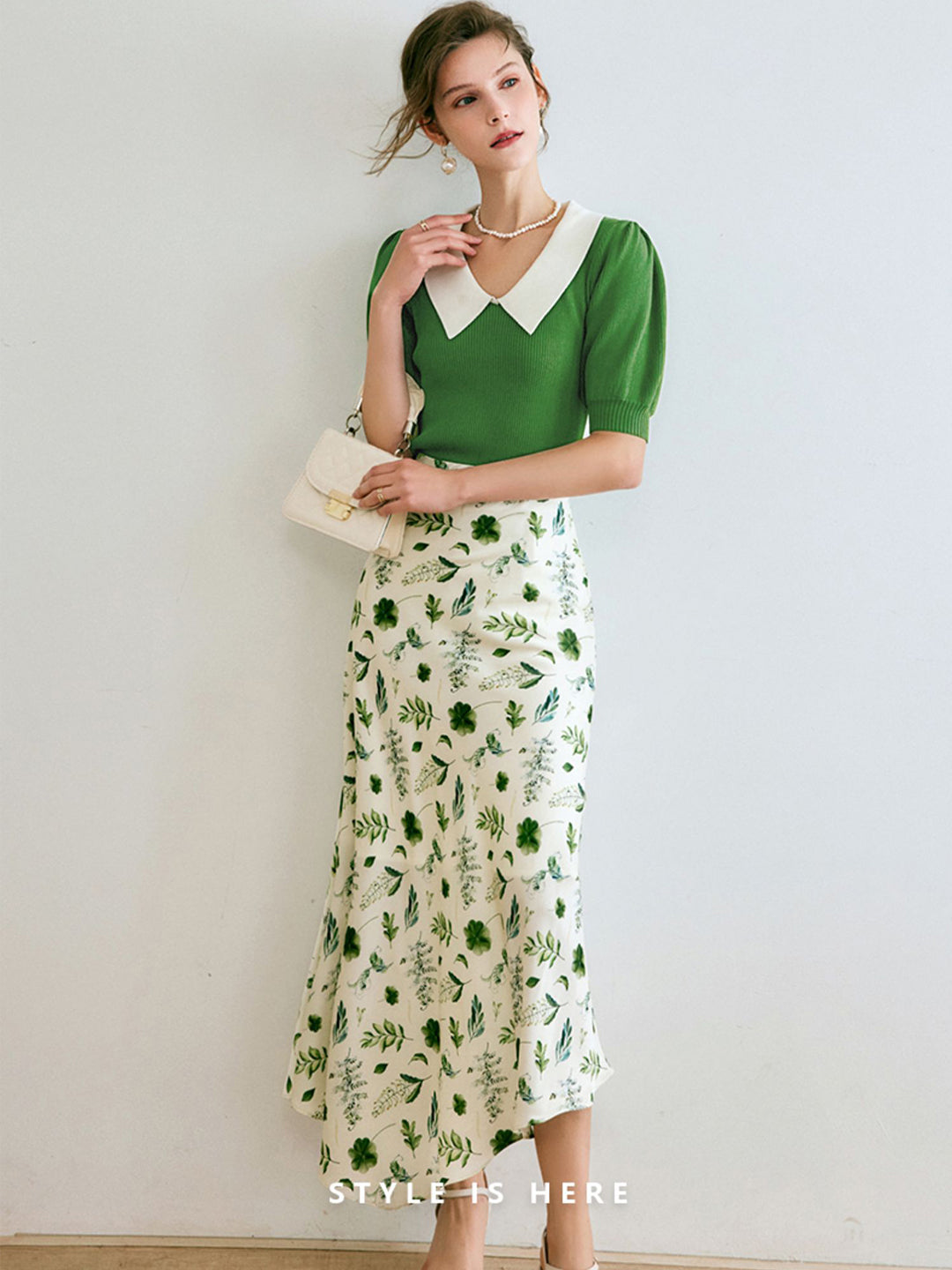 Alexis Contrast Lapel Puff Sleeve Knitted Set