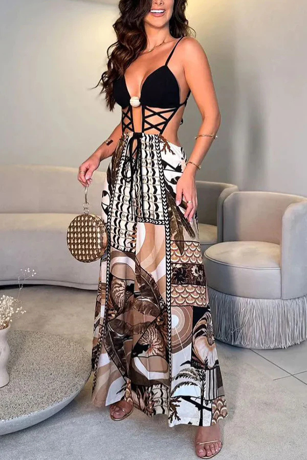 Strap Cross Design Patchwork Printed Elastic Waist Backless Jumpsuit