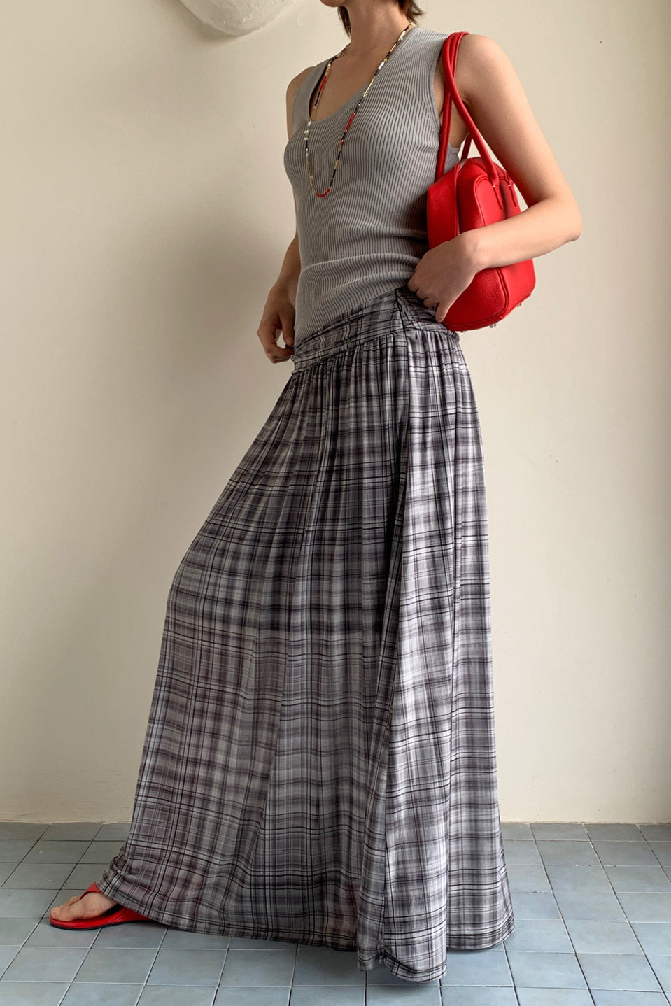 High-Waisted A-Line Mesh Plaid Maxi Skirt