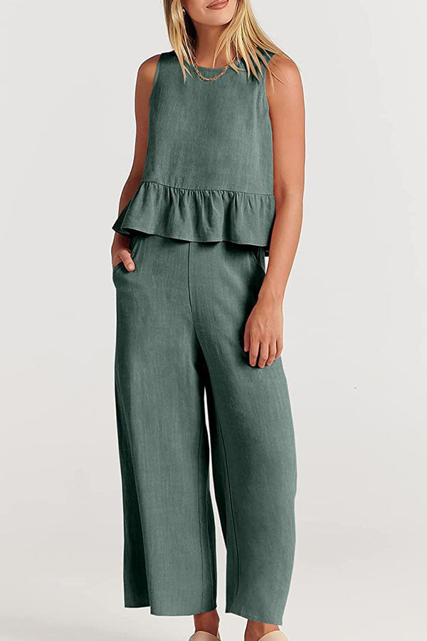 Sleeveless pleated vest wide-leg cropped pants casual suit