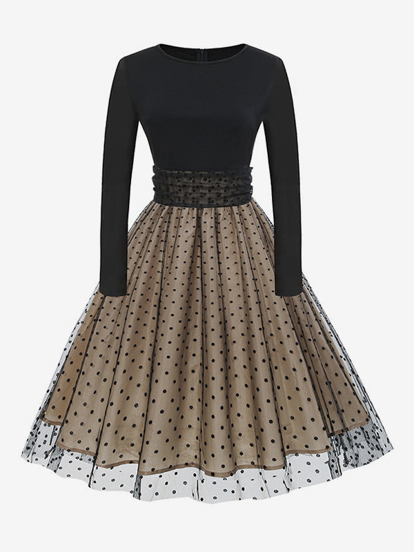 Retro Glamour Dress 1950s Style Jewel Neck Layered Short Sleeves Medium Polka Dot Rockabilly Dress