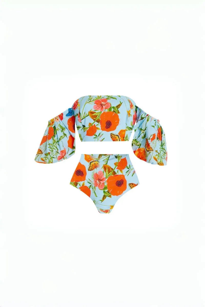Floral Puff Sleeve High-Waist Bikini Set
