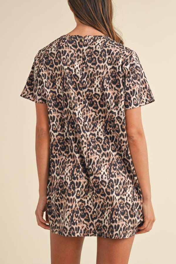 Brown Leopard Print Short Sleeve Pocket Mini Dress
