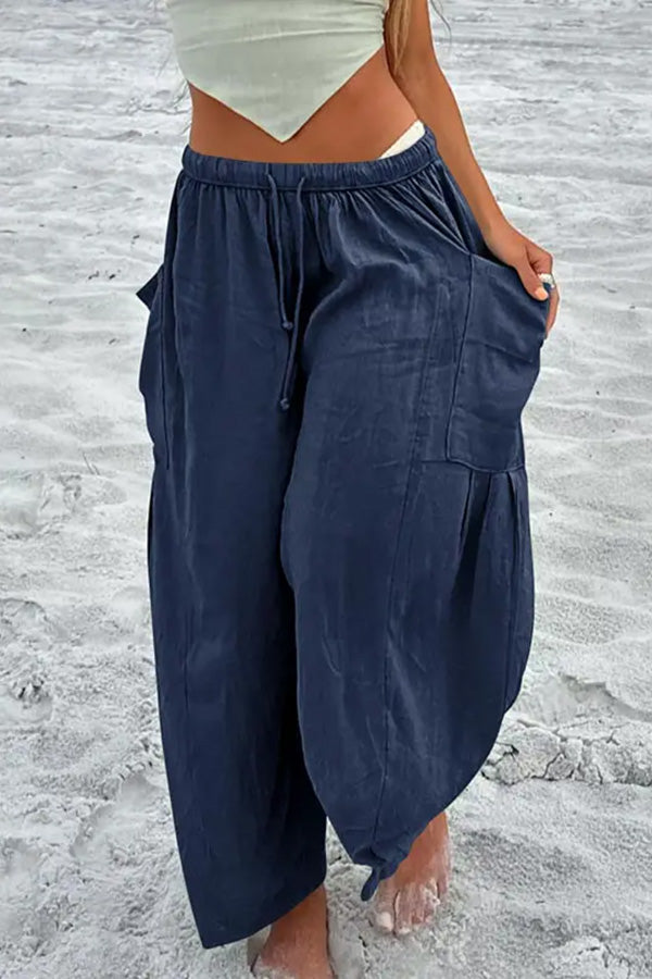 Elastic-waist Pleated Wide-leg Loose Cotton Linen Trousers