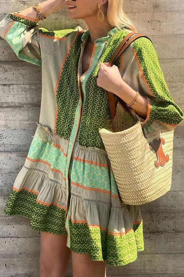 Vacation Style Ethnic Print Button Loose Mini Dress