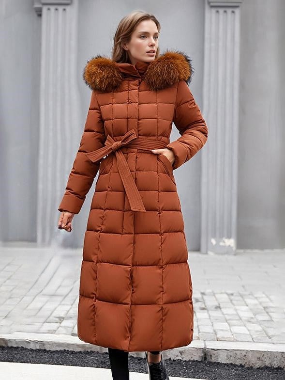 Women Coat Belted Removable Faux Fur Collar Hooded Full Length Winter Coat