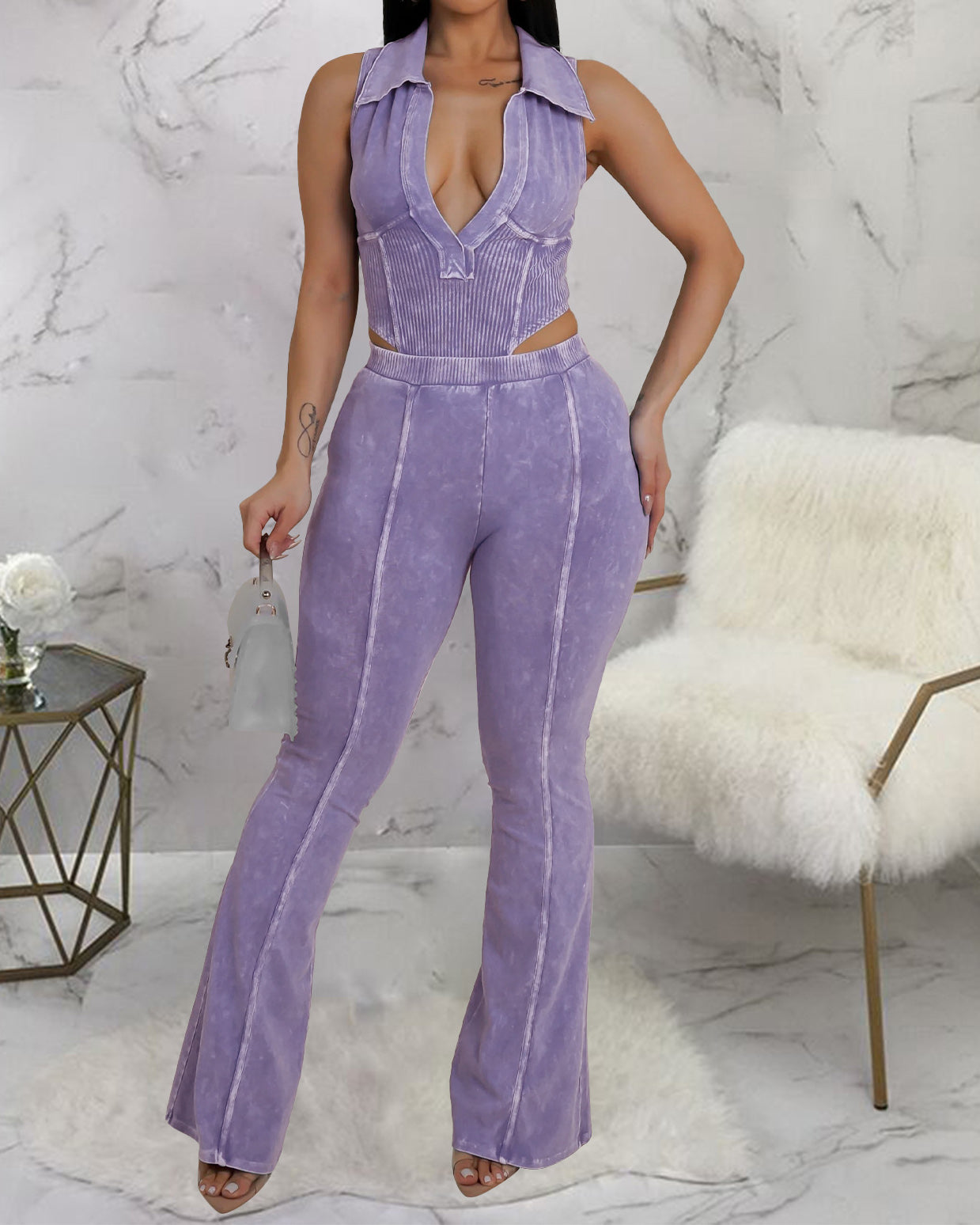 Washed Distressed Line Stitching Suit