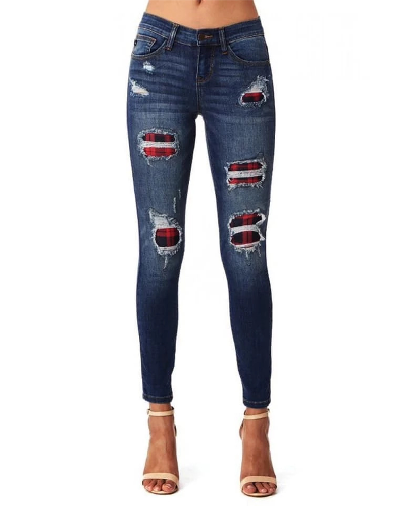 Leopard Print Ripped Patch Stretch Jeans