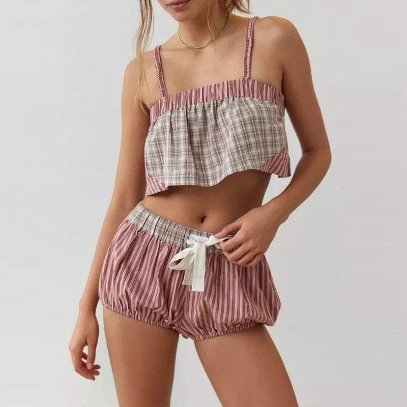 Retro Kawaii Plaid Patchwork Camis Crop Top Shorts Two Pieces Set