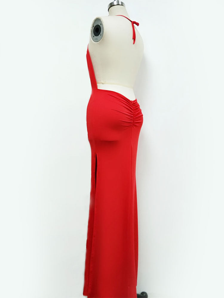 Sexy Maxi Halter Evening Dress Backless Split Birthday Party Slipdress