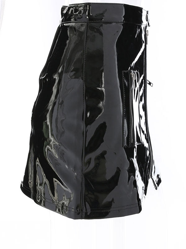 Sexy Mini Skirt PU Leather Like Zipper Short Bodycon Skirt With Pockets