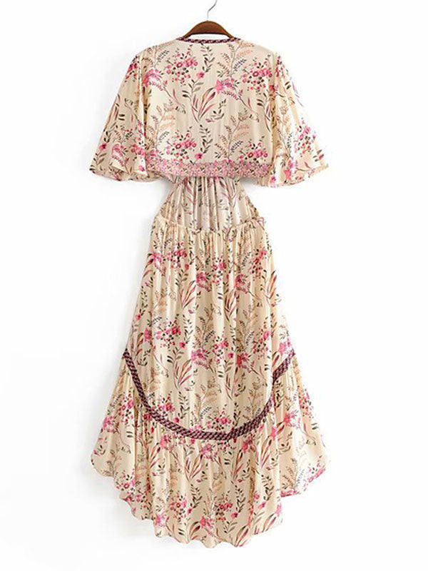 Floral High Low Boho Dress for Women - Cream Pink Cut Out Tie Front Flutter Sleeve Long Dress - Summer Beach Holiday 2026