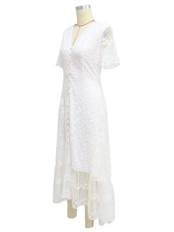 White Lace Maxi Boho Dress for Women - Embroidery Button Front Short Sleeves High Low Dress - Summer Beach Bridal Party Wear 2026