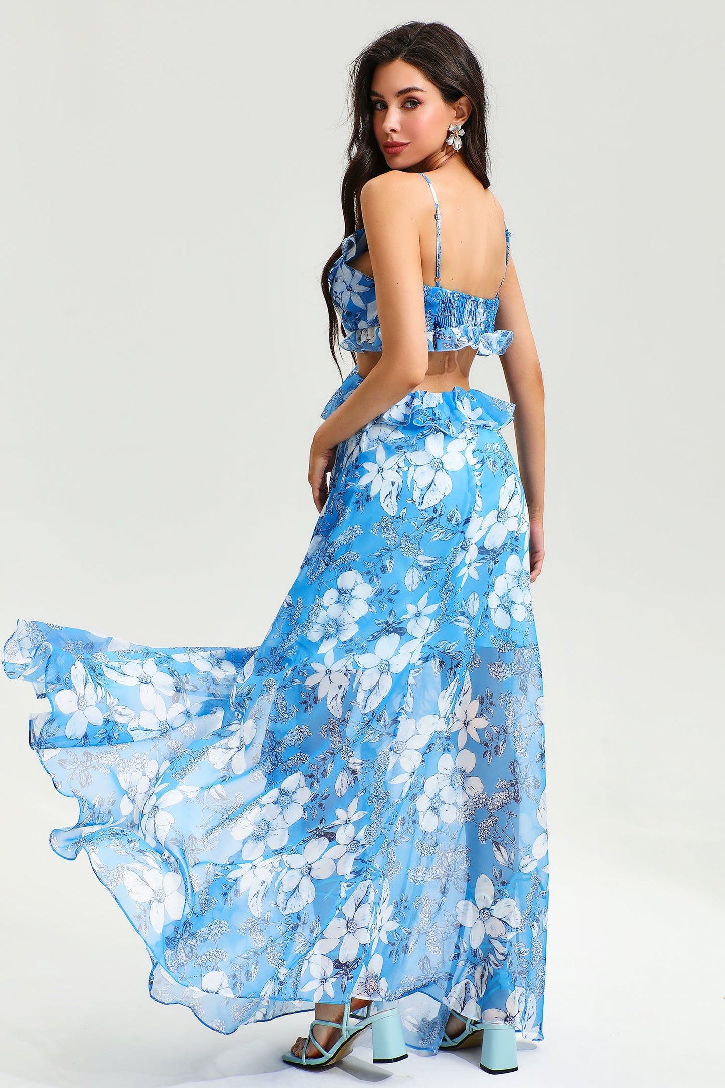Floral Cut-Out Ruffle Hem Cami Maxi Dress Blue