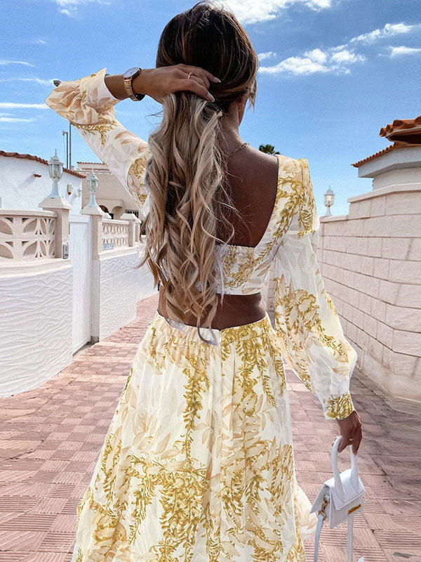 Cutout Leaf Print Maxi Dress for Women - Tropical Lantern Sleeve V Neck Tiered Long Dress - Spring Resort Wear 2026