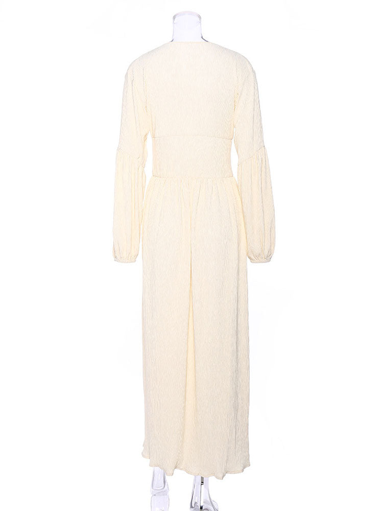 Boho V Neck Maxi Dress - Puff Sleeve Button Front High Slit Long Dress - Spring Beach Vacation 2026