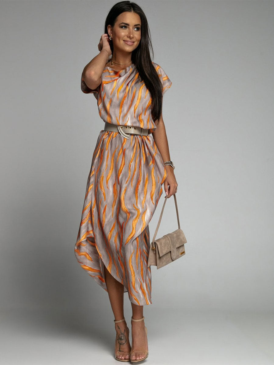Maxi Dress Bateau Neck Short Sleeves Stripes Floor Length Dress