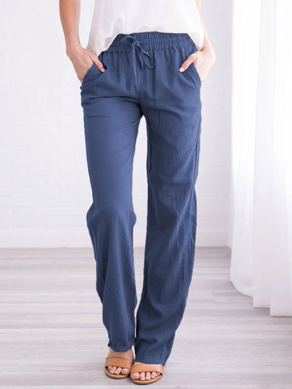 Linen Pants Elasric Waist Lace Up Pockets Loose Summer Casual Trousers