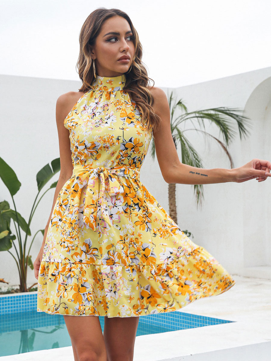 Mini Dresses Pink Floral Print Sleeveless Short Dress