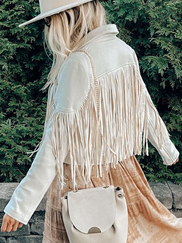Suede Jacket Black Turndown Collar Fringe Lapel High Waist Solid Color Oversized Relaxed Fit Spring Fall Street Outerwear For Women