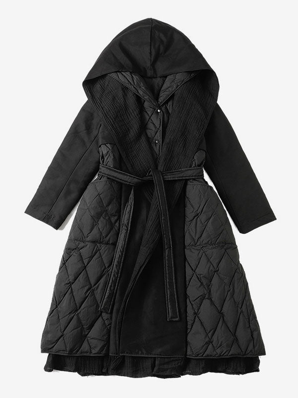Black Down Coat Hooded Belted Long Winter Outerwear For Women