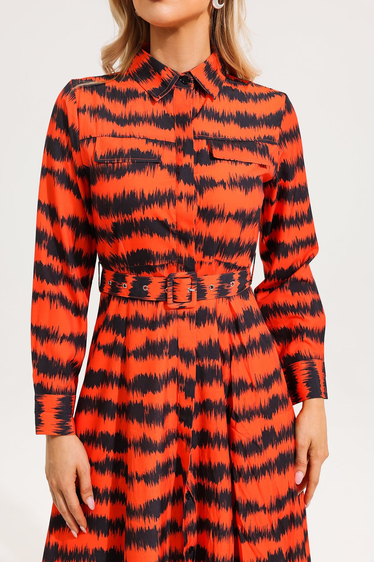 Zebra Print Chest Pocket Midi Dress With Belt