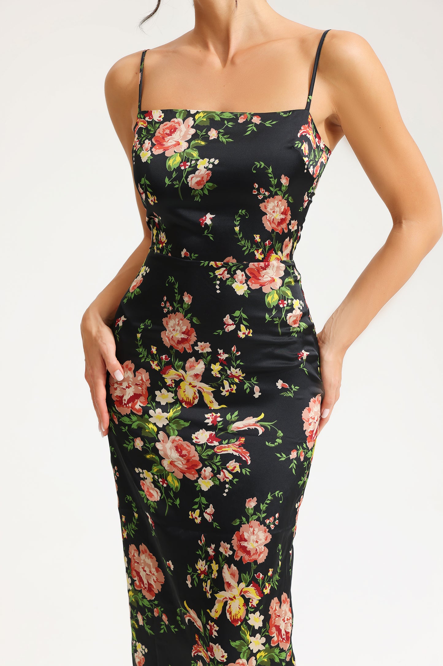 Floral Lace Up Slit Cami Midi Dress