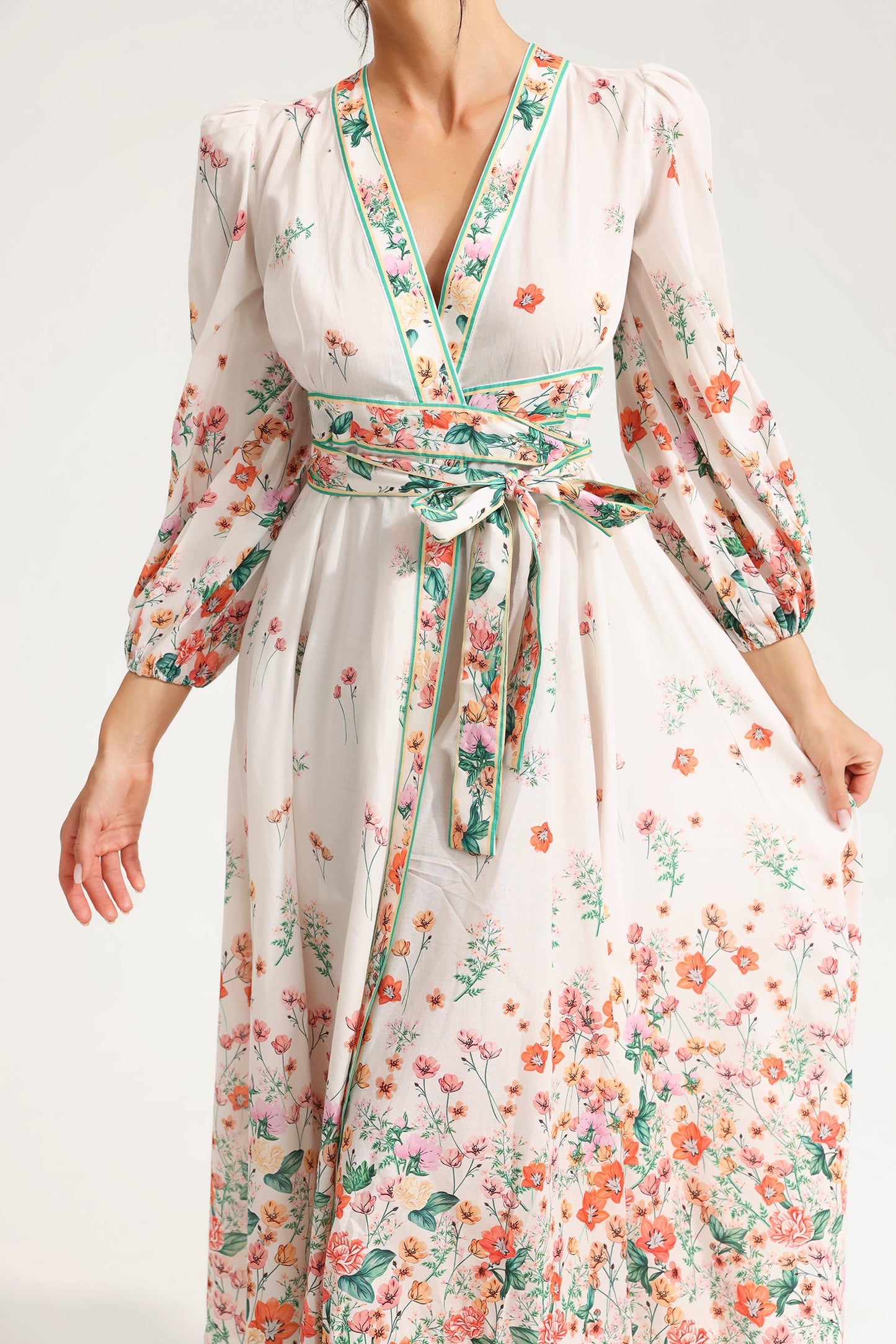 Floral Long Sleeve V-Neck Lace Up Midi Dress