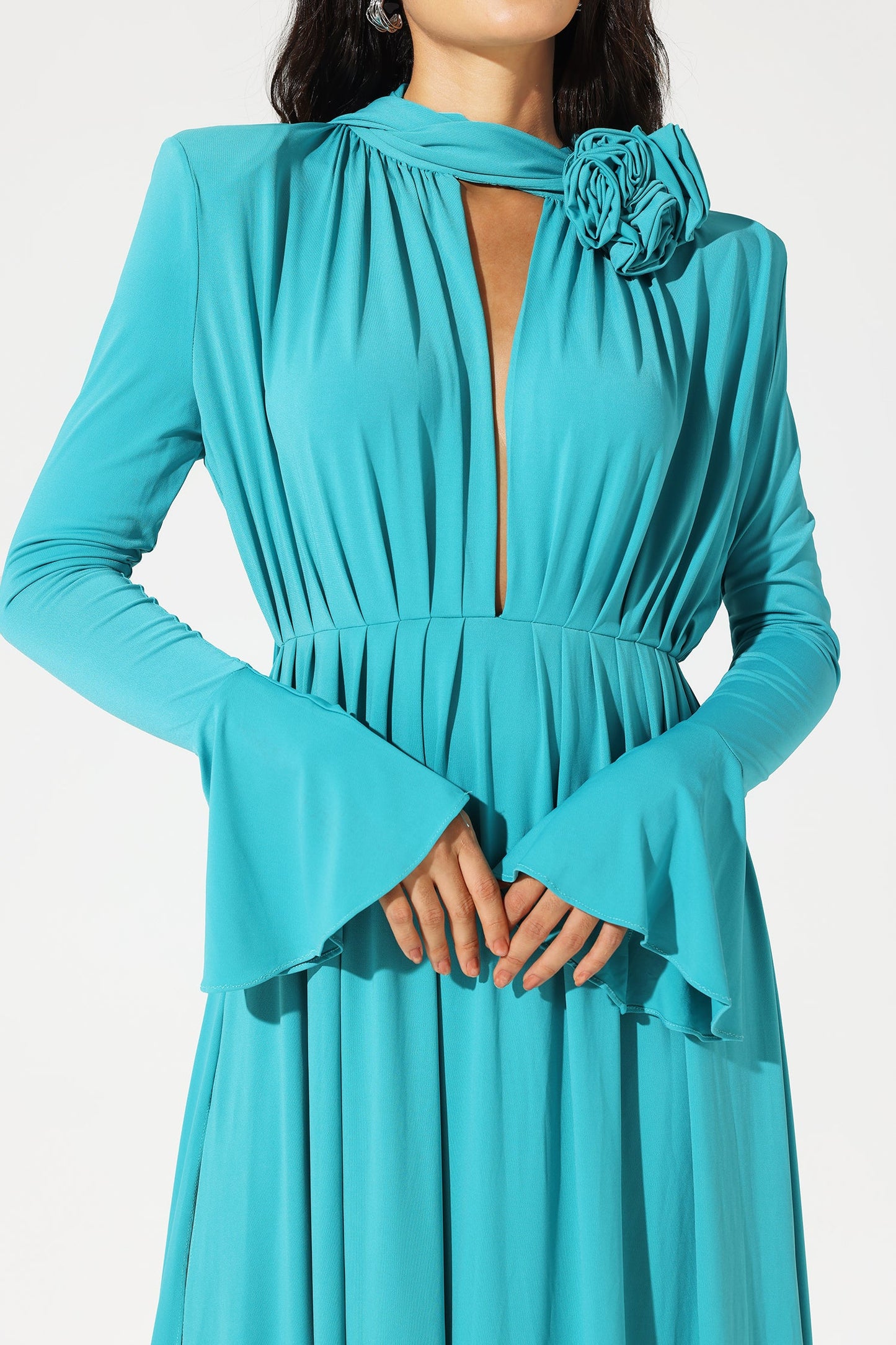 Lantern Sleeve High Collar Flower Split Midi Dress Blue