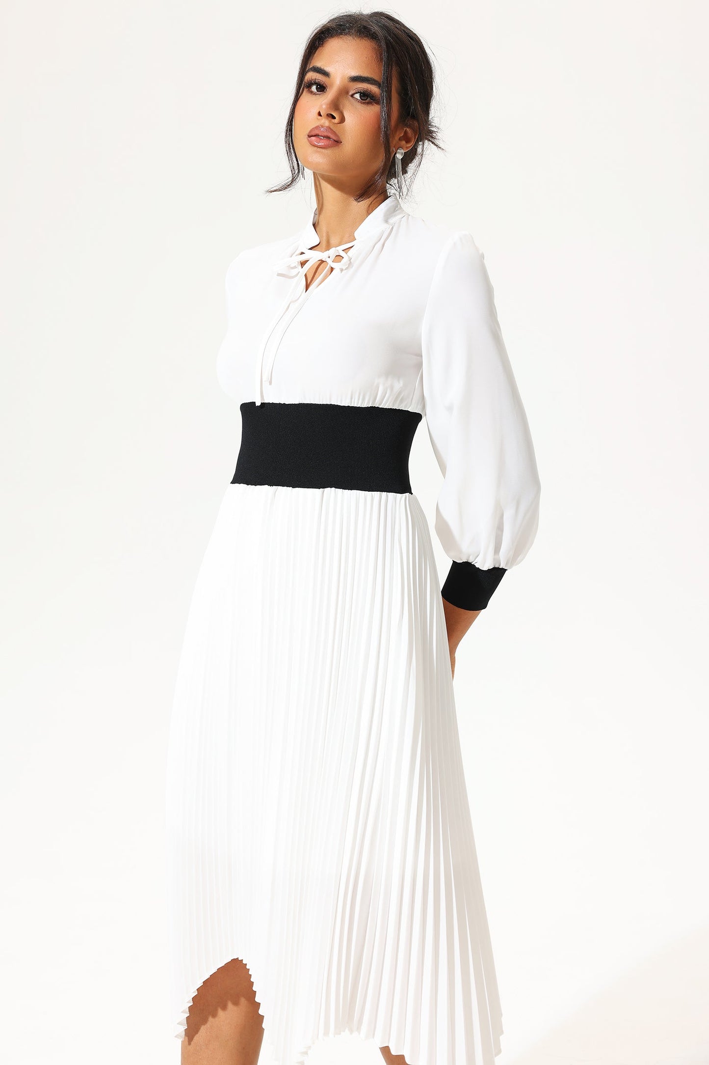 Lantern Sleeve Stand Collar Belted Midi Dress White