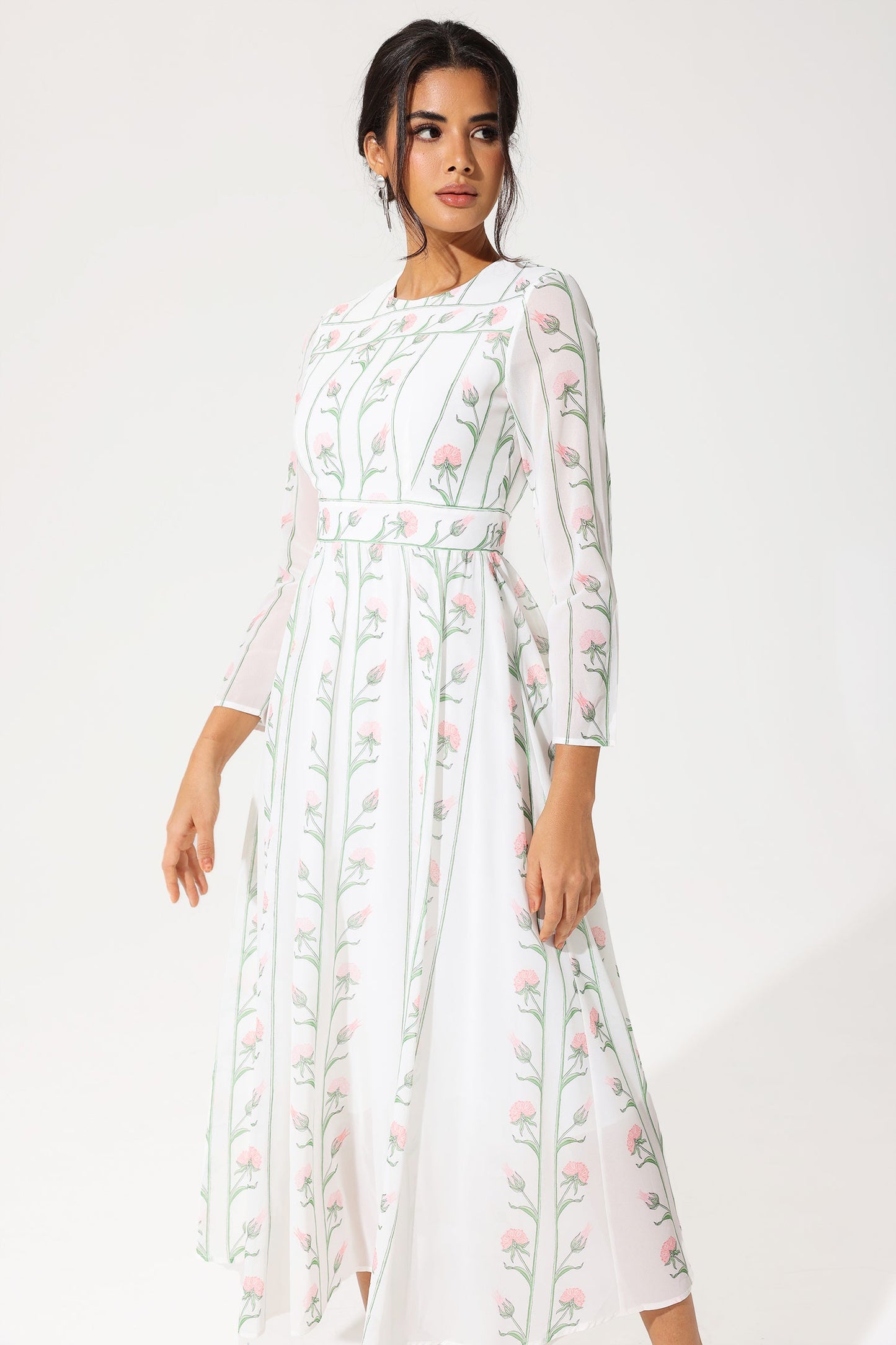 Floral Long Sleeve Crew Collar Georgette Midi Dress