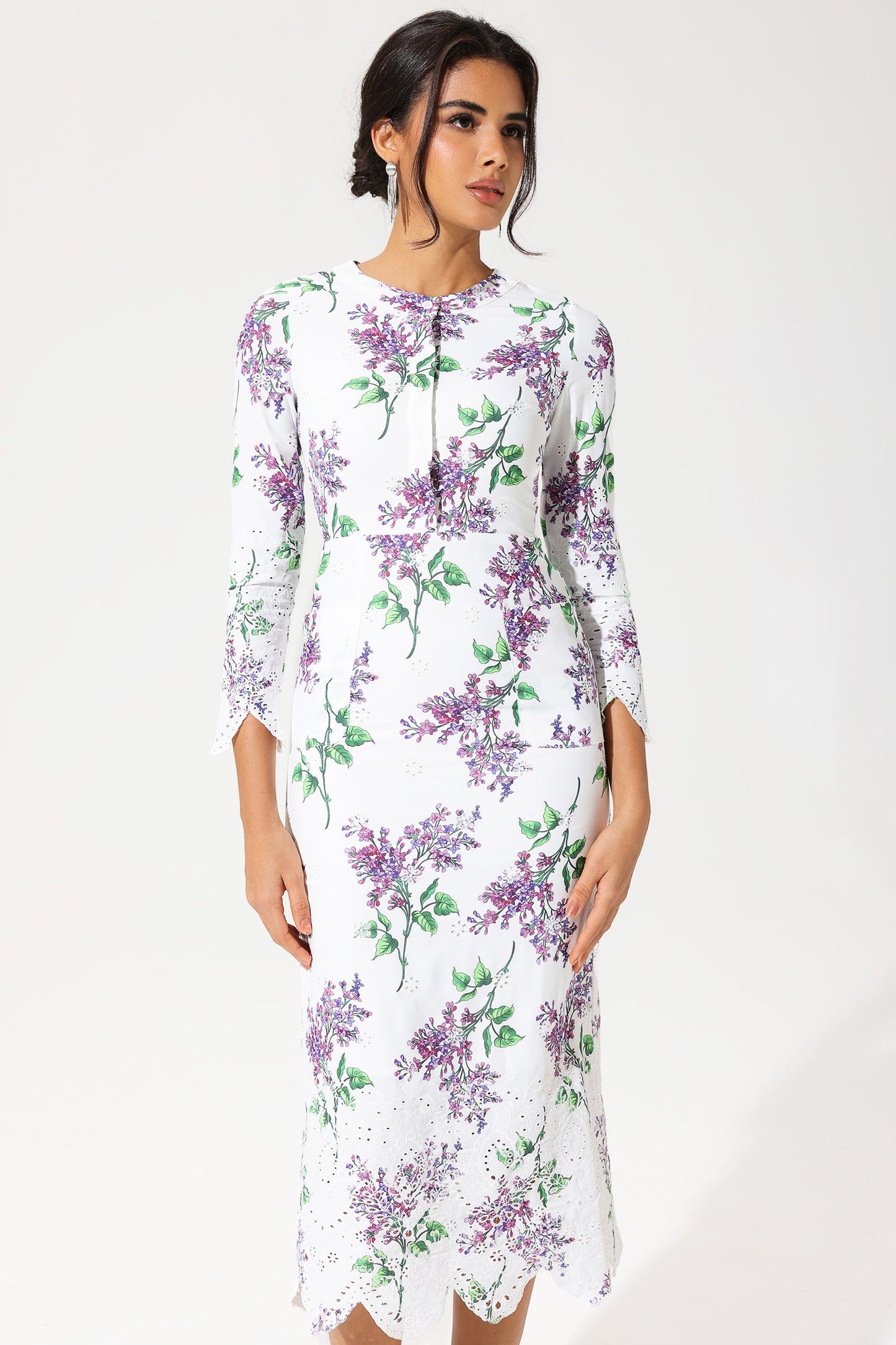 Floral Long Sleeve Crew Collar Broderie Anglaise Maxi Dress