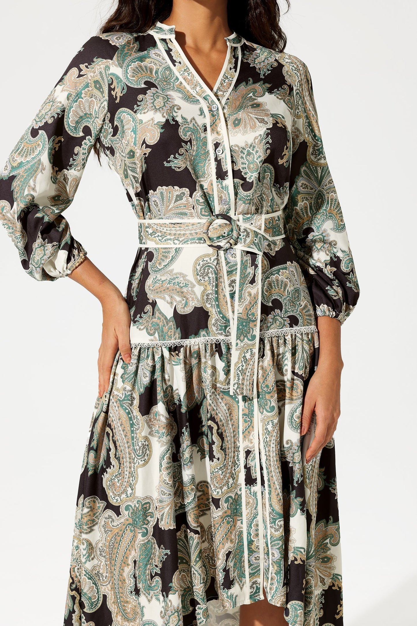 Paisley Print Lantern Sleeve V-Neck Belted Midi Dress
