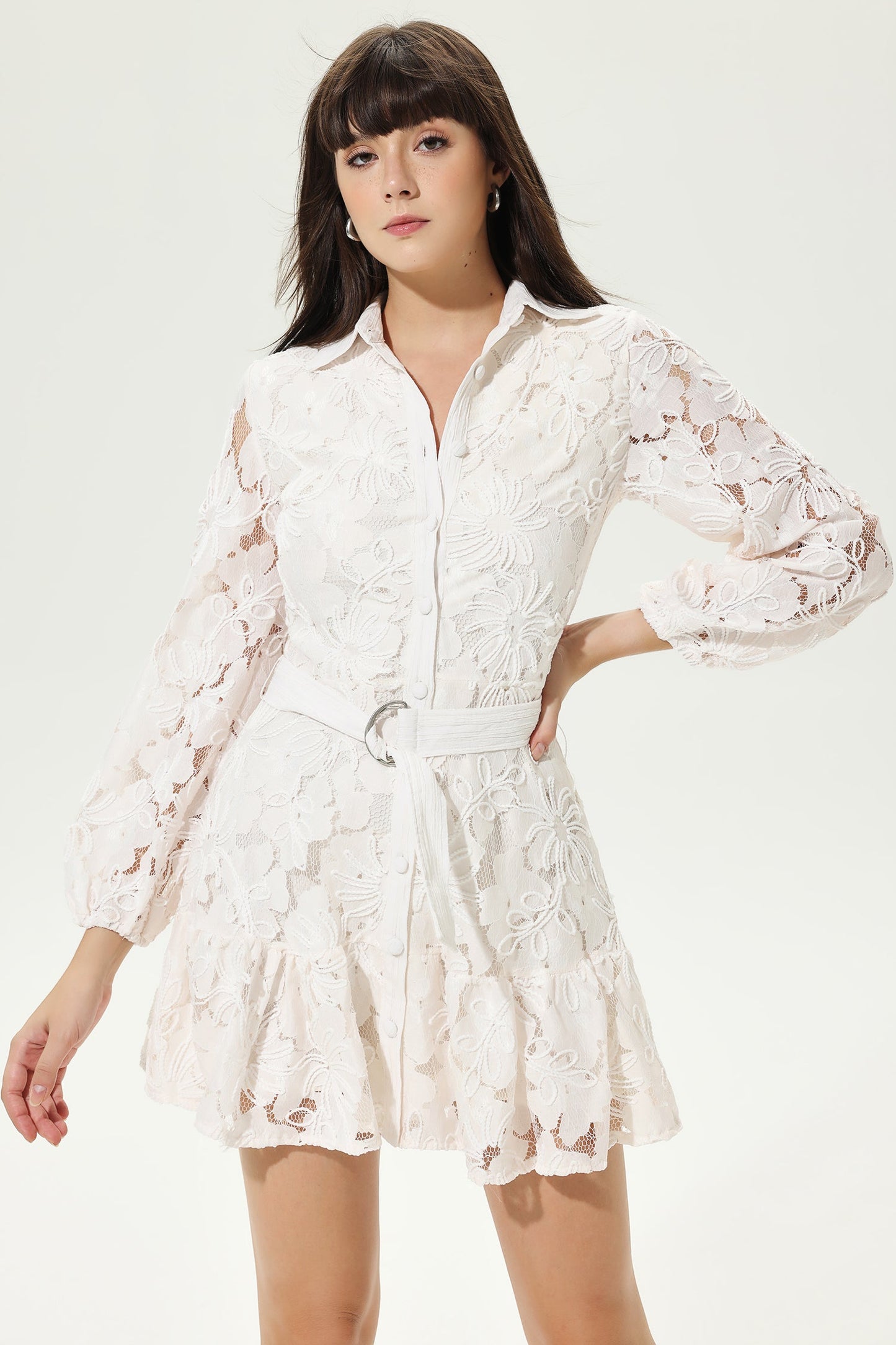 Long Sleeve Lace Buttoned Mini Dress