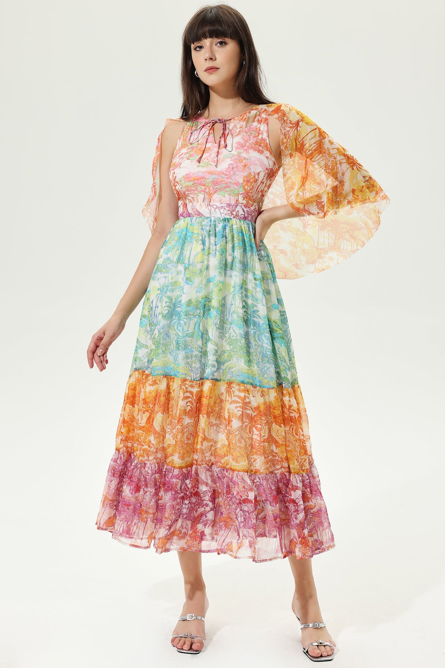 Paisley Asymmetric Sleeve Crew Collar Midi Dress