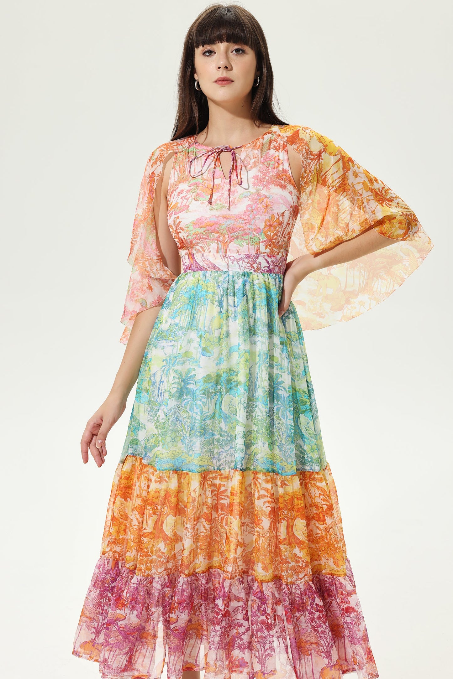 Paisley Asymmetric Sleeve Crew Collar Midi Dress