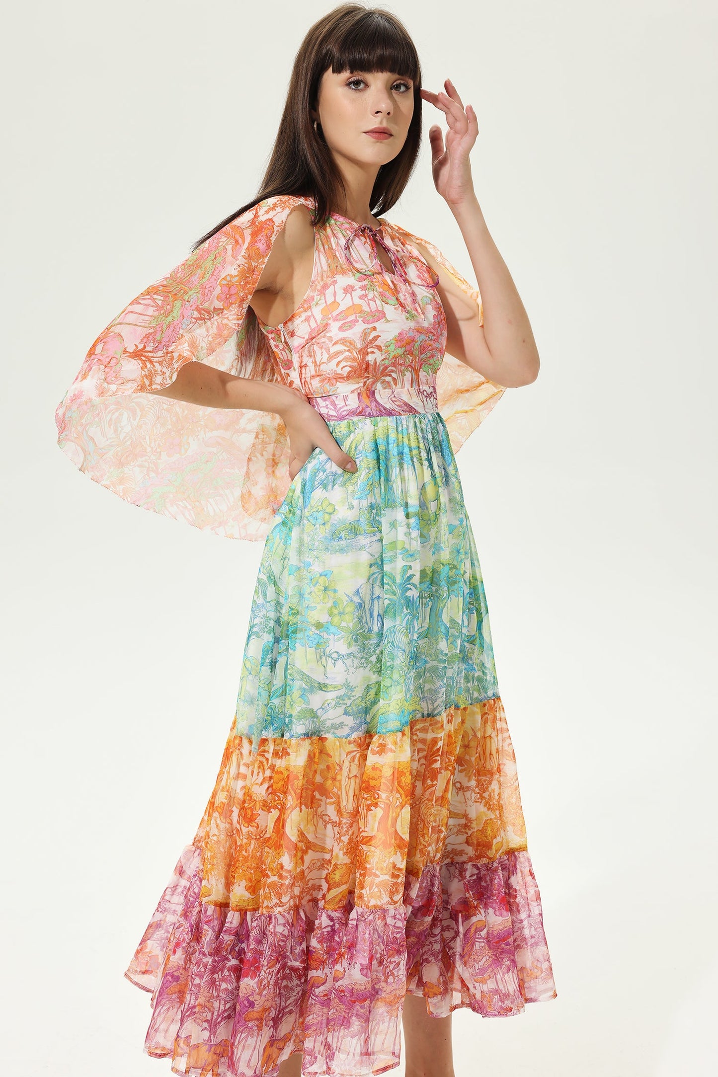 Paisley Asymmetric Sleeve Crew Collar Midi Dress