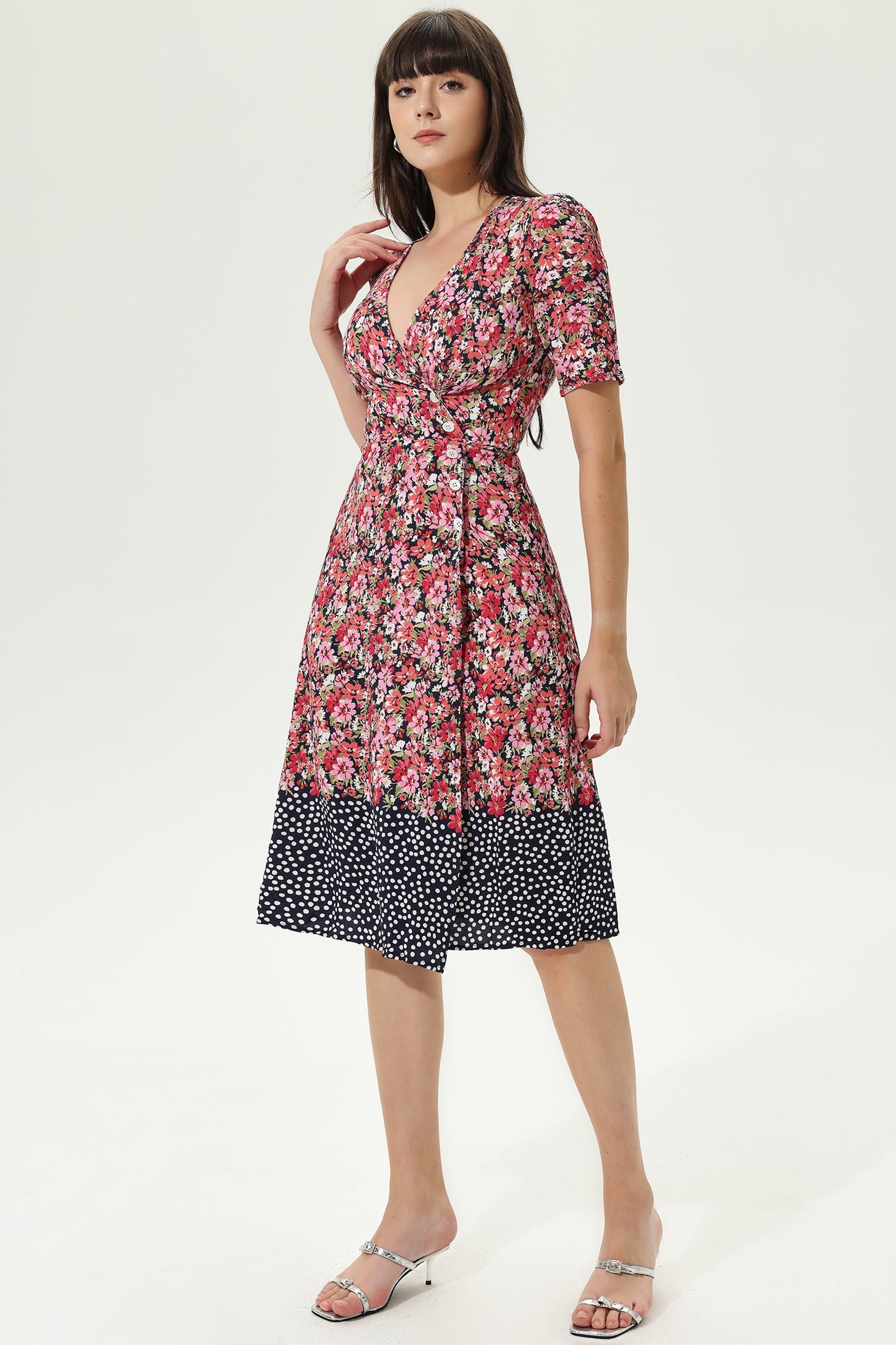 Floral Puff Sleeve V-Neck Wrapover Belted Midi Dress