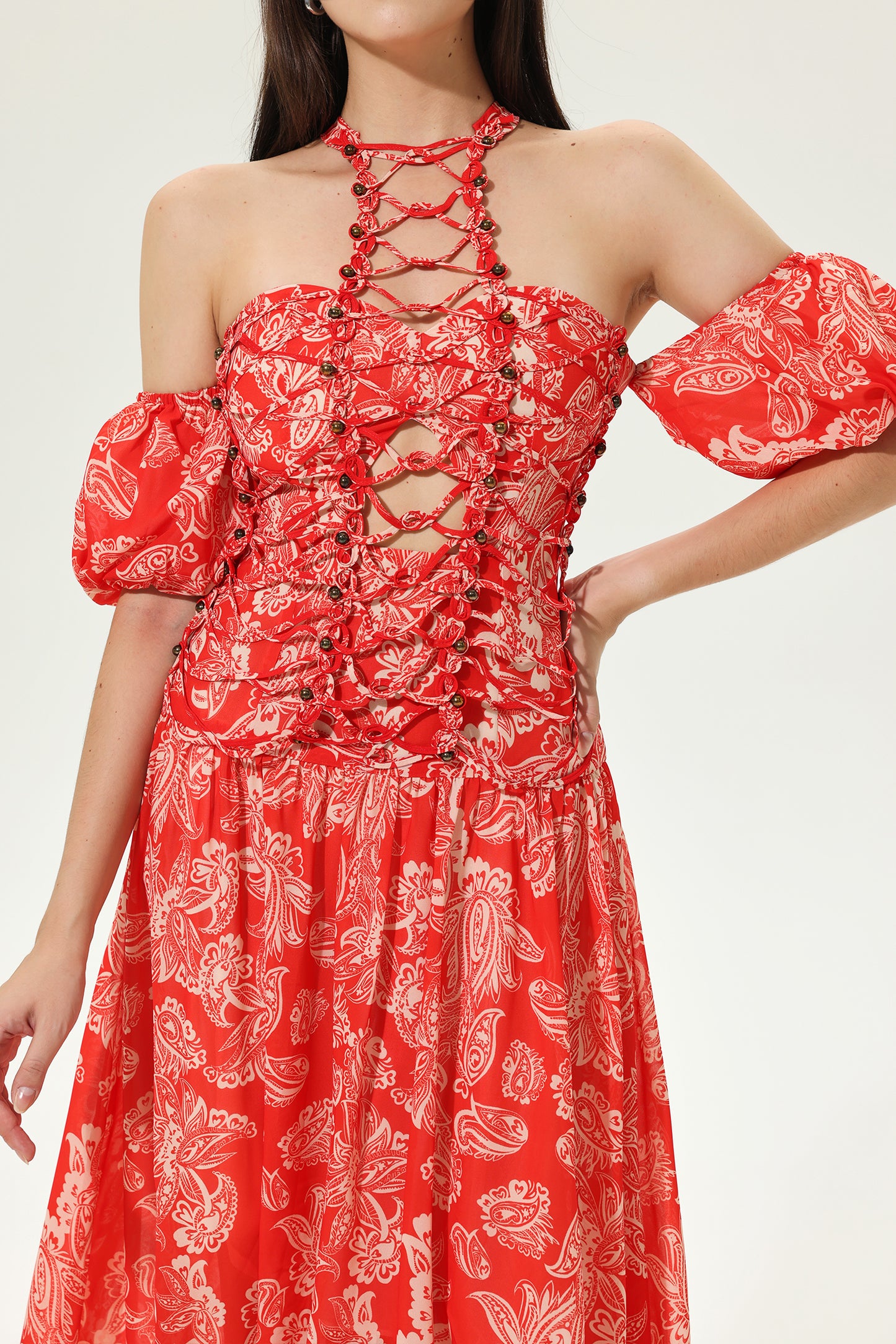 Floral Cut-Out Halter Neck Tapered Waist Maxi Dress